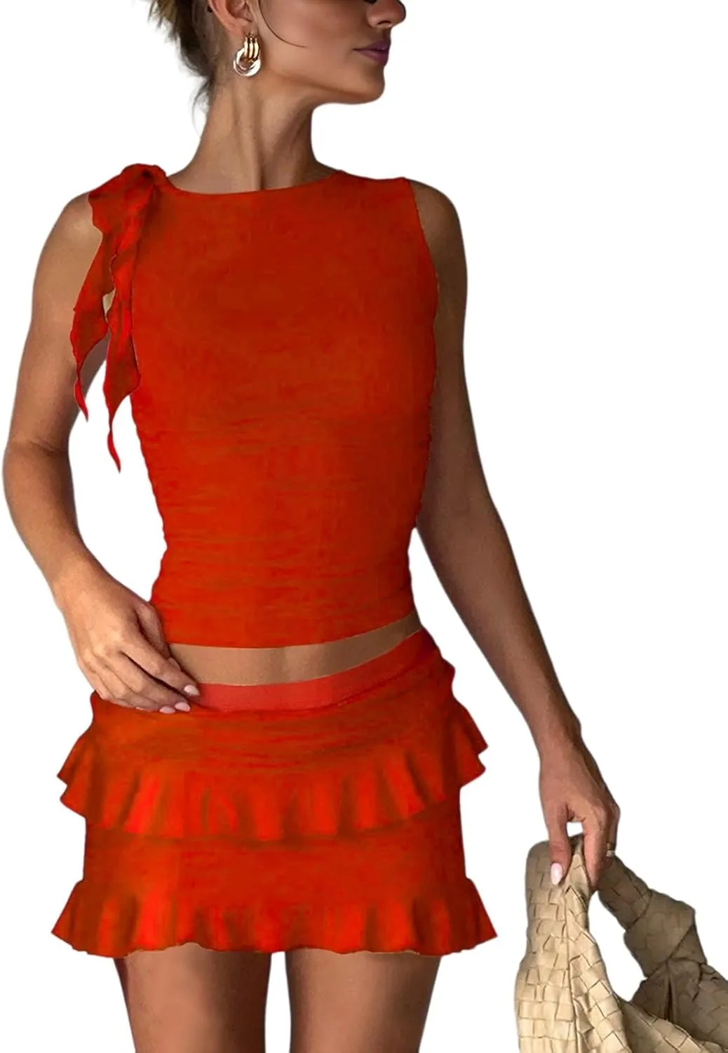 2 Piece Sets for Women Y2k Going Out Ruffle Trim Ruched Tank Top And High Waist Skirt Set Club Mini Dress