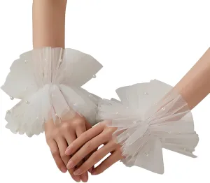 AUOCATTAIL White Short Lace Fingerless Glove Bridal Pearl Tulle Fingerless Wrist Cuffs Gloves for Women Girls Wedding Party Costume Accessories