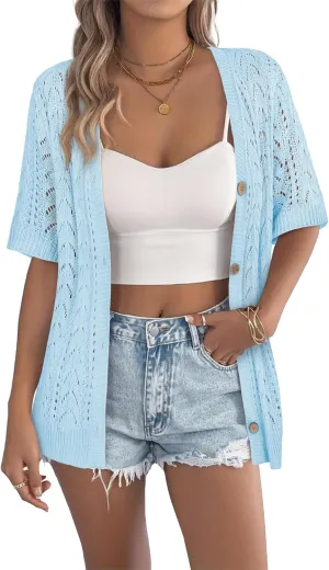 BB&KK Women's Crochet Open Front Cardigan Button Short Sleeve V Neck Soft Knitted Sweater Outerwear Cover Up