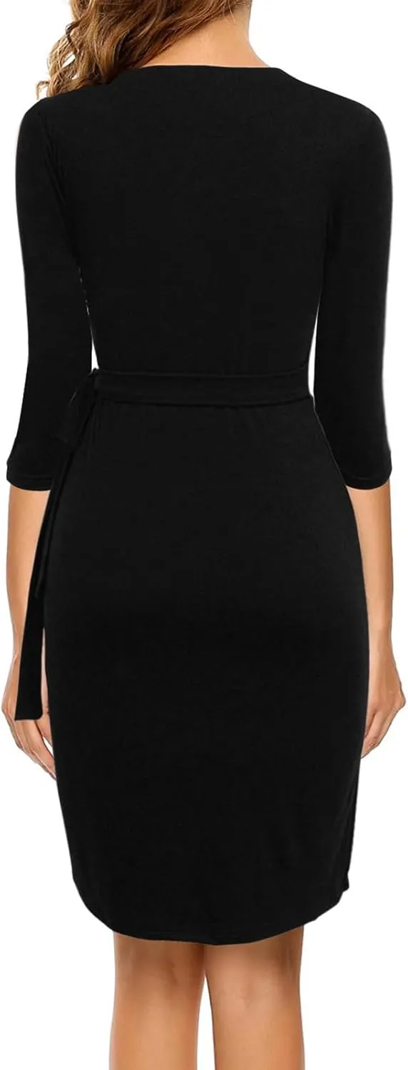 Berydress Women's Classic 3/4 Sleeve V Neck Sheath Casual Party Work Faux Black Wrap Dress