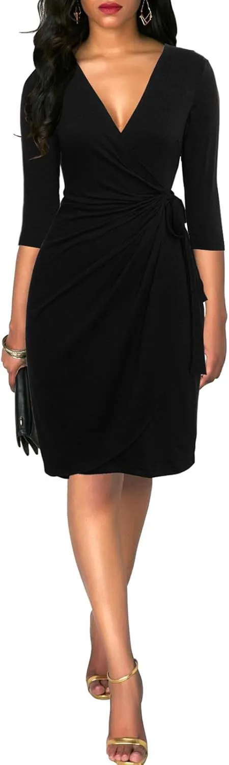 Berydress Women's Classic 3/4 Sleeve V Neck Sheath Casual Party Work Faux Black Wrap Dress