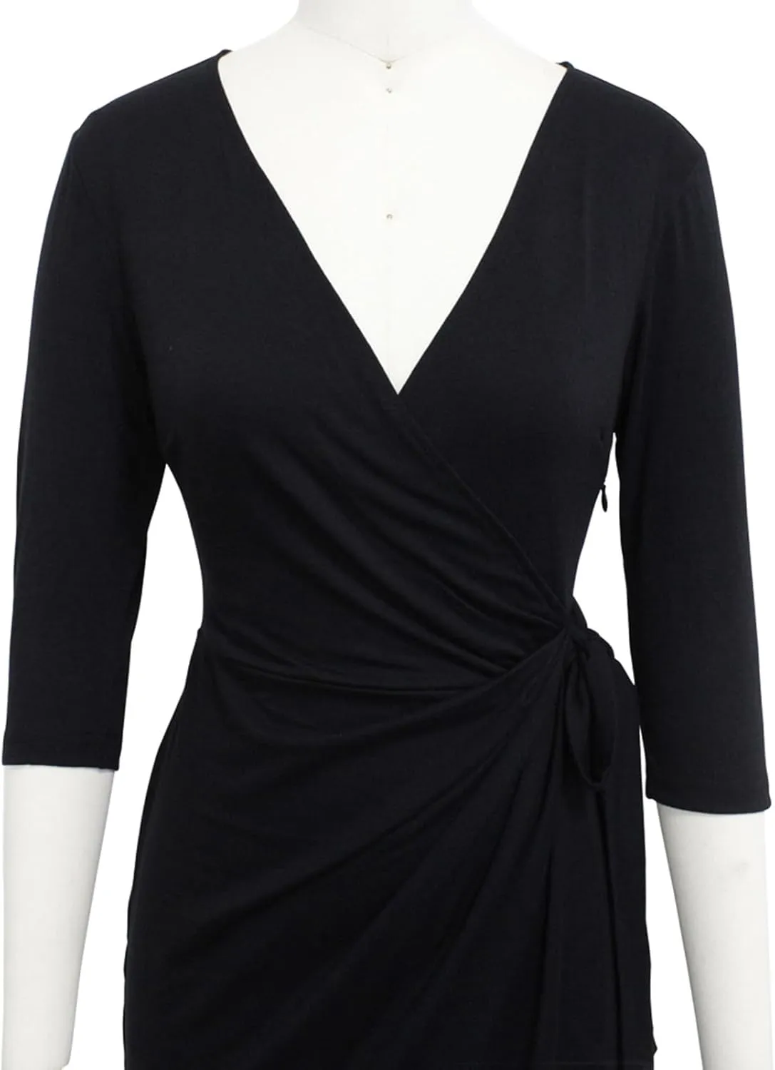 Berydress Women's Classic 3/4 Sleeve V Neck Sheath Casual Party Work Faux Black Wrap Dress