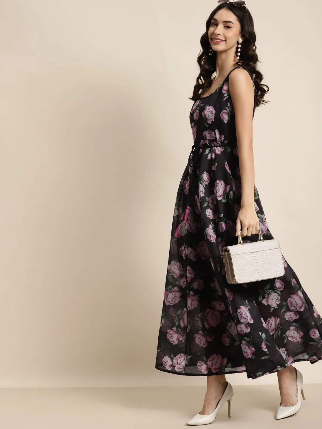 Black & Pink Floral Sleeveless Anarkali Dress