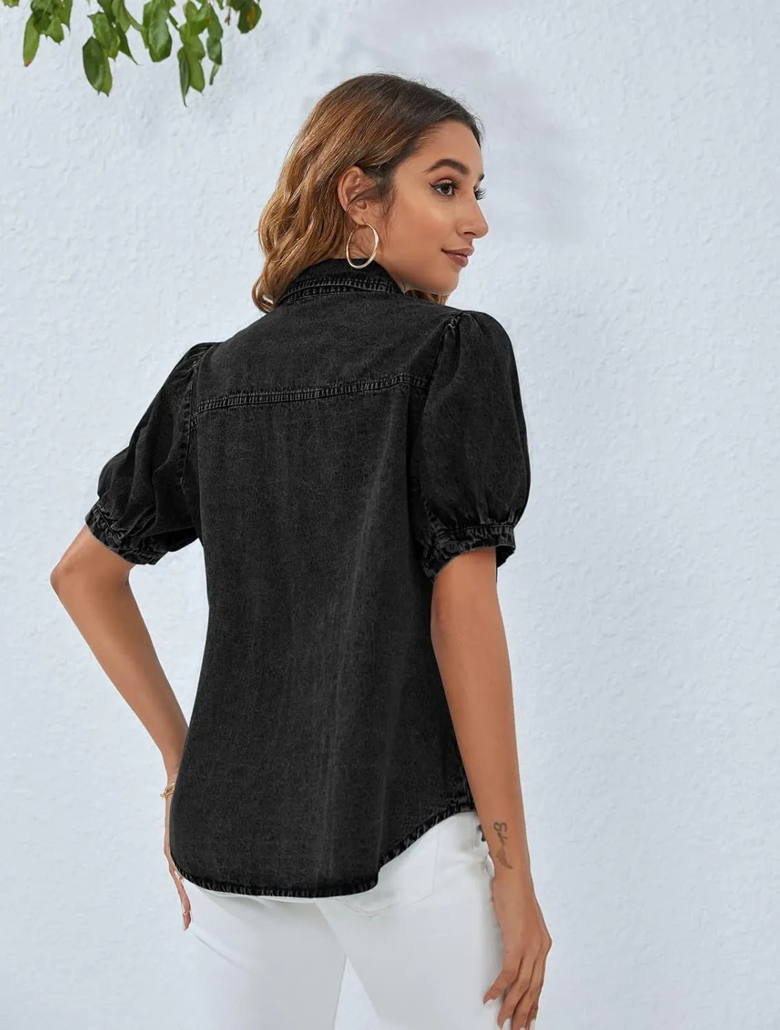 BMJL Womens Denim Shirt Business Casual Button Down Work Blouses Puff Sleeve Summer Tops
