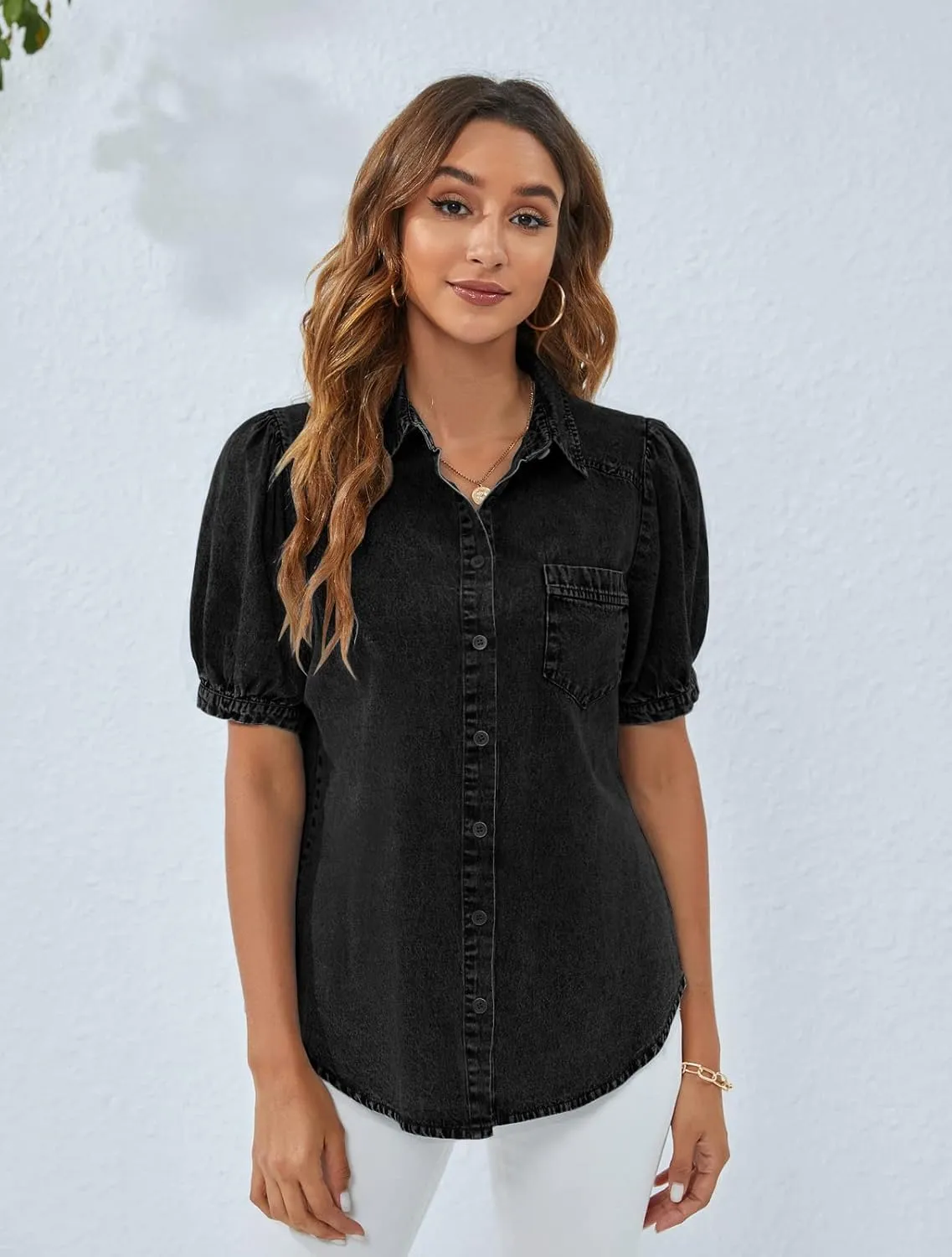 BMJL Womens Denim Shirt Business Casual Button Down Work Blouses Puff Sleeve Summer Tops