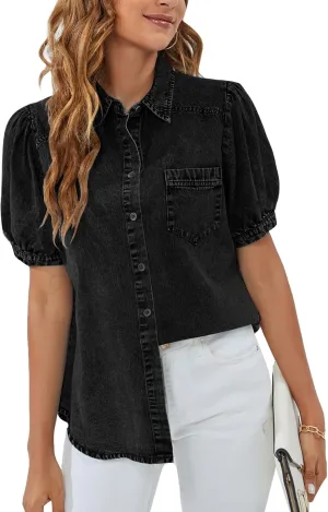 BMJL Womens Denim Shirt Business Casual Button Down Work Blouses Puff Sleeve Summer Tops