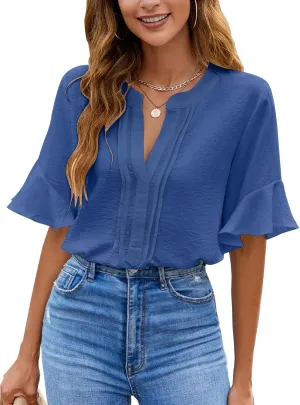 BMJL Womens White Blouses Chiffon Ruffle Short Sleeve V Neck Business Casual Tops Summer Cute Shirt