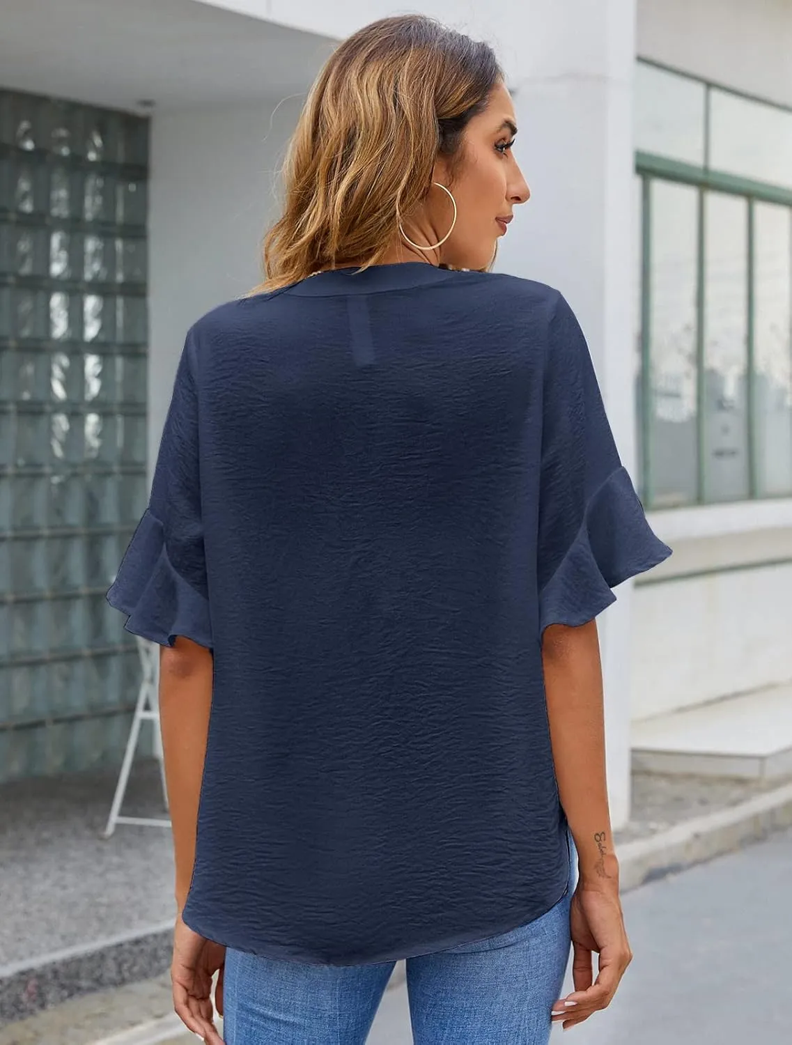 BMJL Womens White Blouses Chiffon Ruffle Short Sleeve V Neck Business Casual Tops Summer Cute Shirt