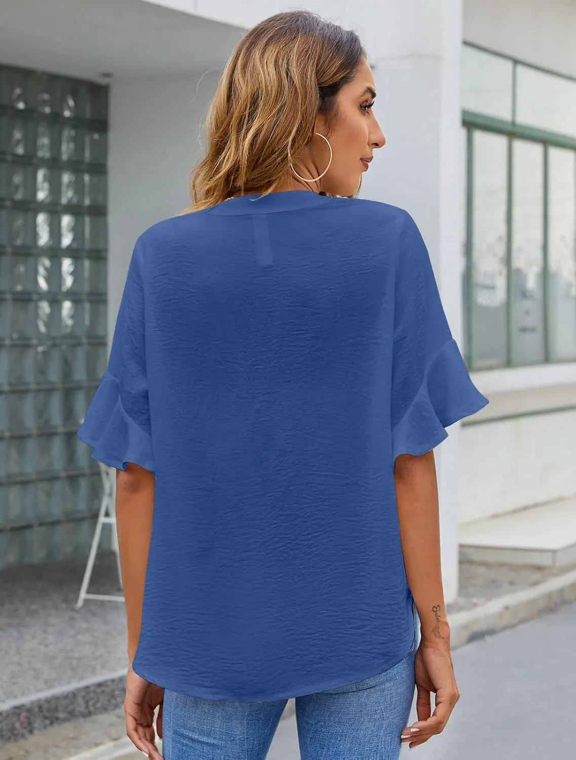 BMJL Womens White Blouses Chiffon Ruffle Short Sleeve V Neck Business Casual Tops Summer Cute Shirt