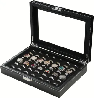 Byken Carbon Fiber Ring Organizer for Jewelry,Rings Display Case,Small Travel Jewelry Box,49 Slots Cufflink Storage Tray with Glass Lid,Black
