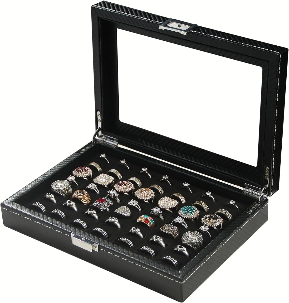 Byken Carbon Fiber Ring Organizer for Jewelry,Rings Display Case,Small Travel Jewelry Box,49 Slots Cufflink Storage Tray with Glass Lid,Black