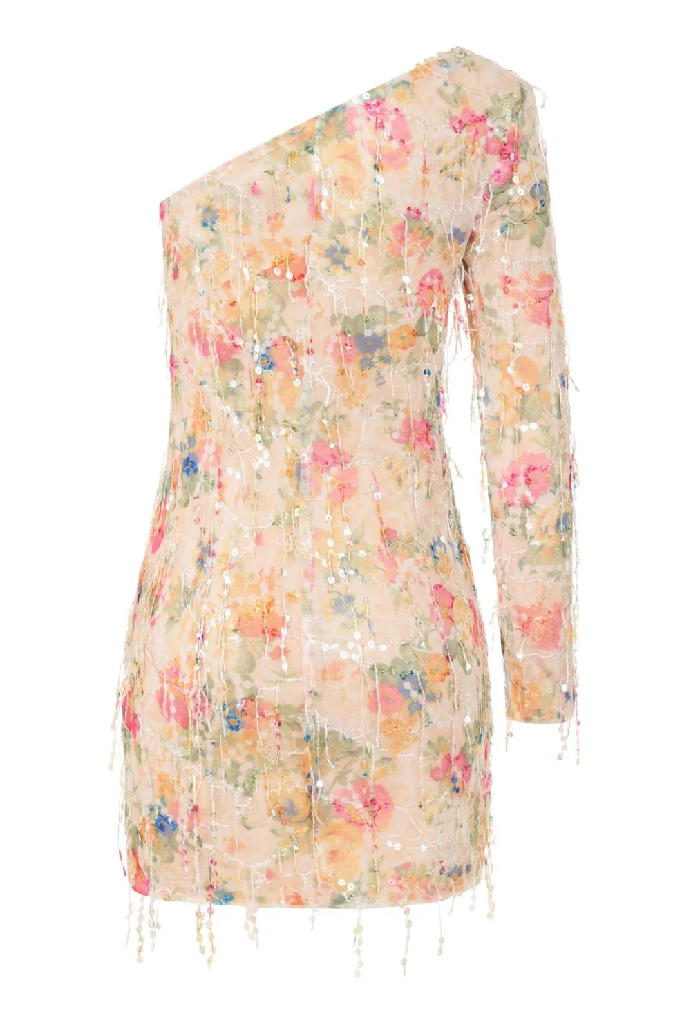 Choose Me Floral Tassel Fringe Sequin One Shoulder Dress