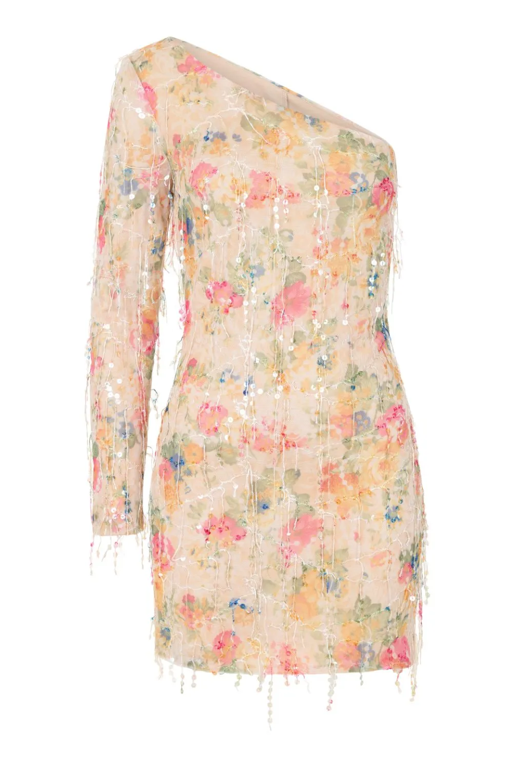 Choose Me Floral Tassel Fringe Sequin One Shoulder Dress