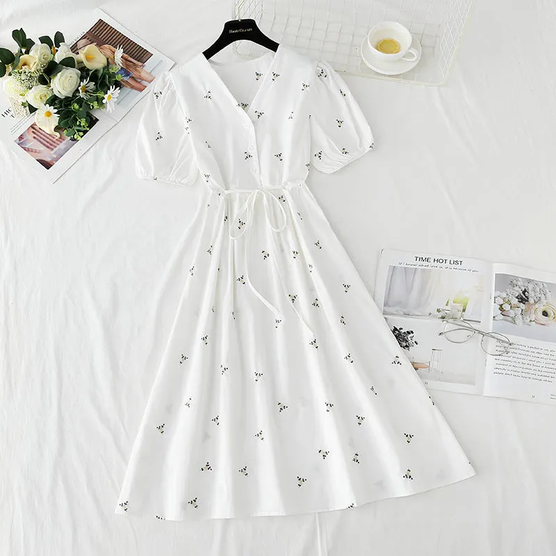 Cotton linen dress embroidered first love tea break skirt  4273