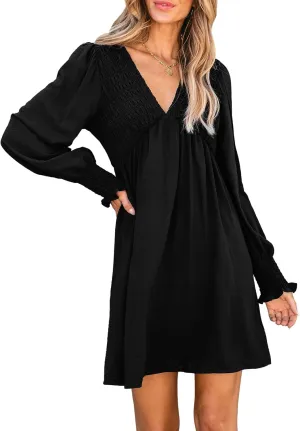 CUPSHE Women's Mini Dress Smocked V Neck Long Sleeve Empire Waist Casual A Line Dress