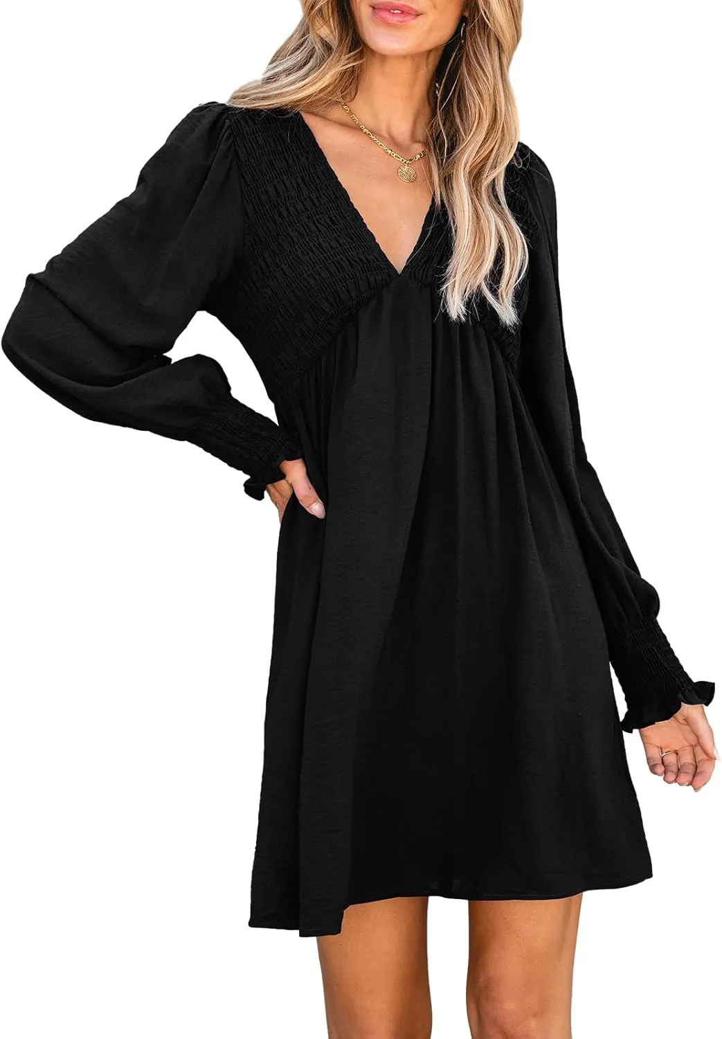 CUPSHE Women's Mini Dress Smocked V Neck Long Sleeve Empire Waist Casual A Line Dress