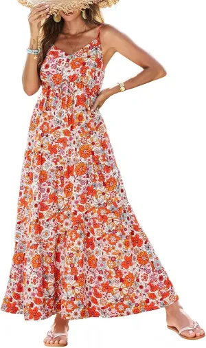 Dokotoo Summer Dress Casual Womens Boho Dress Sleeveless Printed Long Tiered Maxi Dress Beach Dress 2025