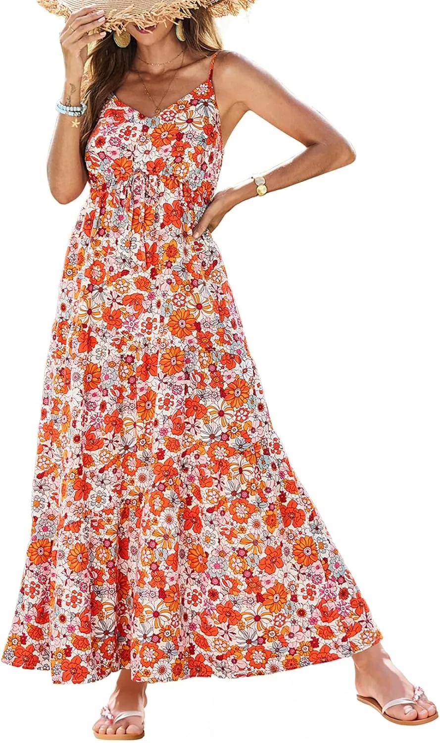 Dokotoo Summer Dress Casual Womens Boho Dress Sleeveless Printed Long Tiered Maxi Dress Beach Dress 2025