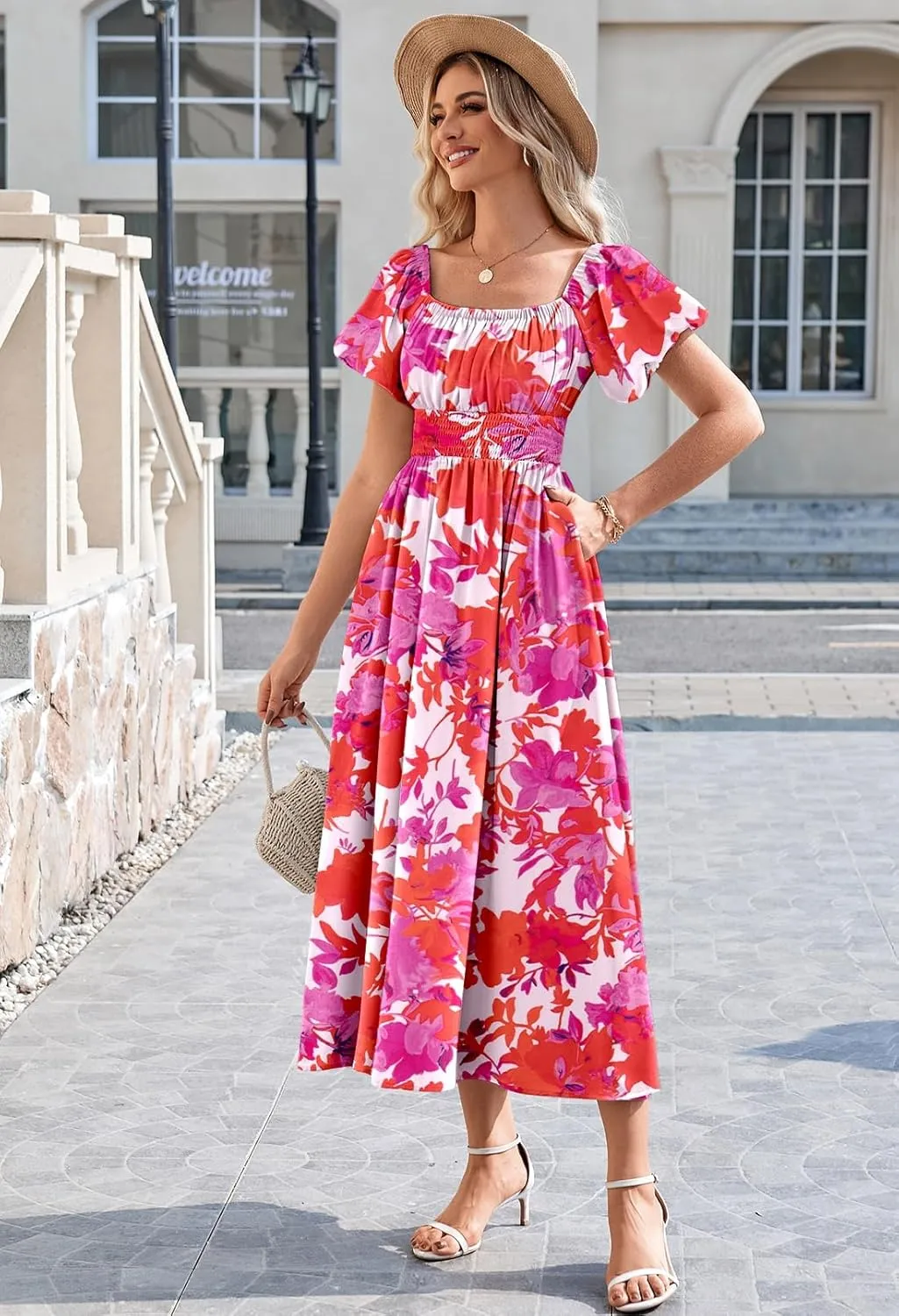 Duigluw Women's Casual Summer Midi Dresses 2025 Puffy Short Sleeve U Neck Boho Floral Flowy Maxi Dress