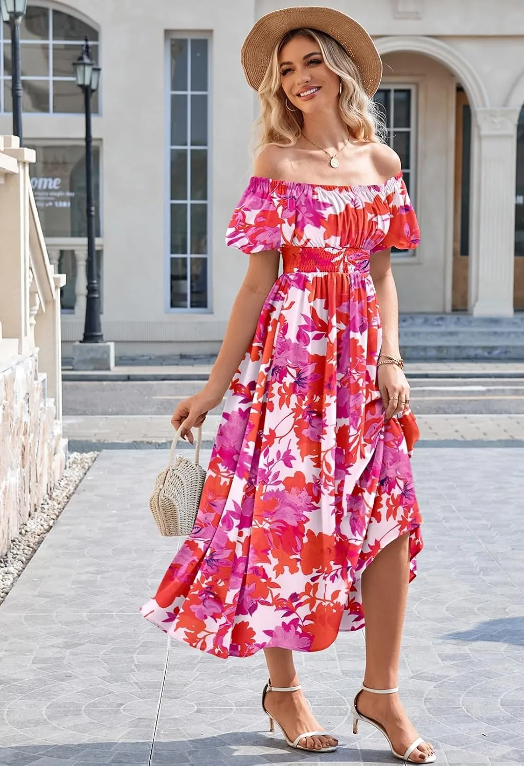 Duigluw Women's Casual Summer Midi Dresses 2025 Puffy Short Sleeve U Neck Boho Floral Flowy Maxi Dress