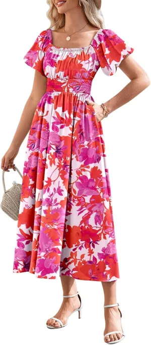 Duigluw Women's Casual Summer Midi Dresses 2025 Puffy Short Sleeve U Neck Boho Floral Flowy Maxi Dress