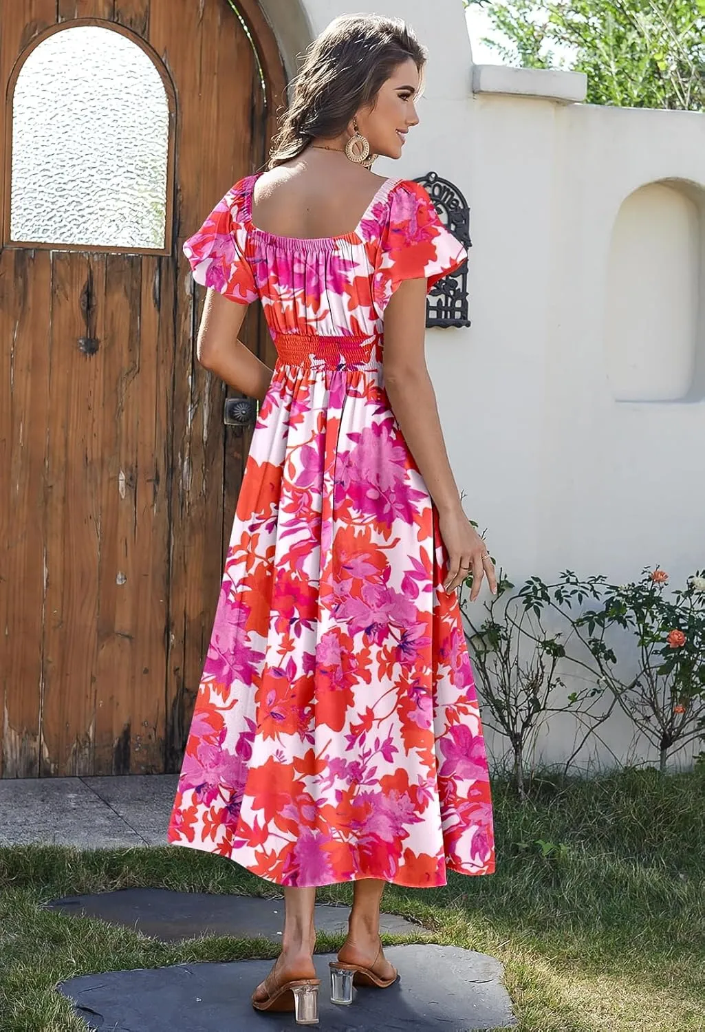 Duigluw Women's Casual Summer Midi Dresses 2025 Puffy Short Sleeve U Neck Boho Floral Flowy Maxi Dress