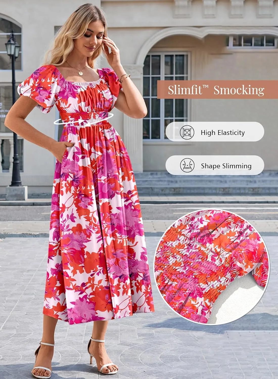 Duigluw Women's Casual Summer Midi Dresses 2025 Puffy Short Sleeve U Neck Boho Floral Flowy Maxi Dress