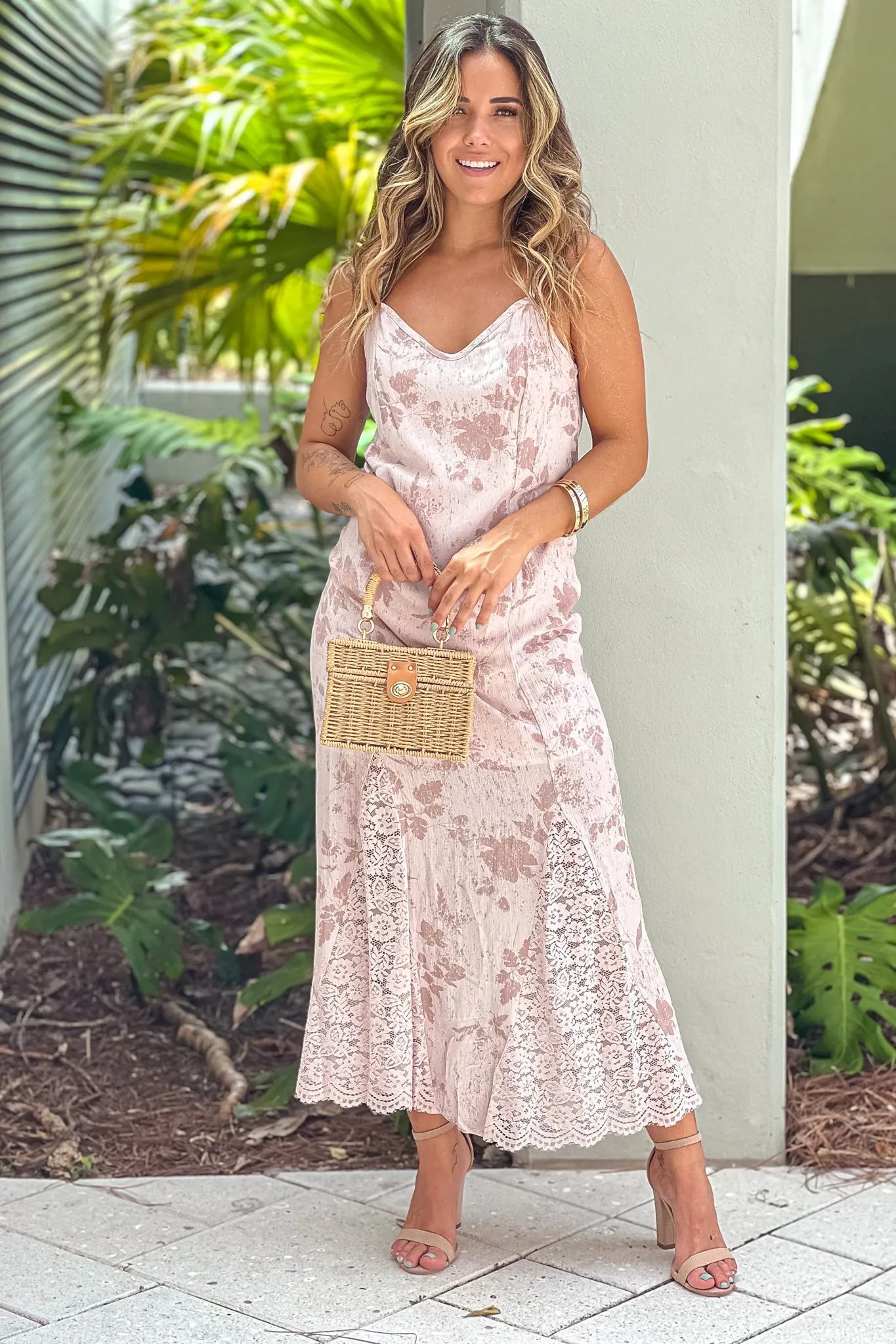 Dusty Pink Floral Dress With Lace Detail