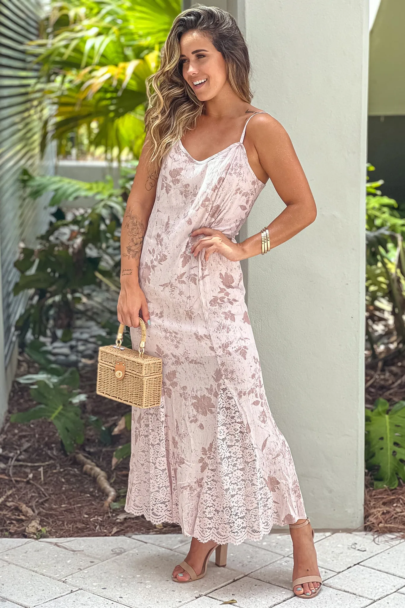 Dusty Pink Floral Dress With Lace Detail