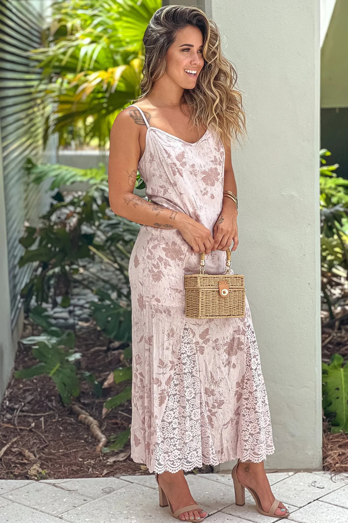 Dusty Pink Floral Dress With Lace Detail