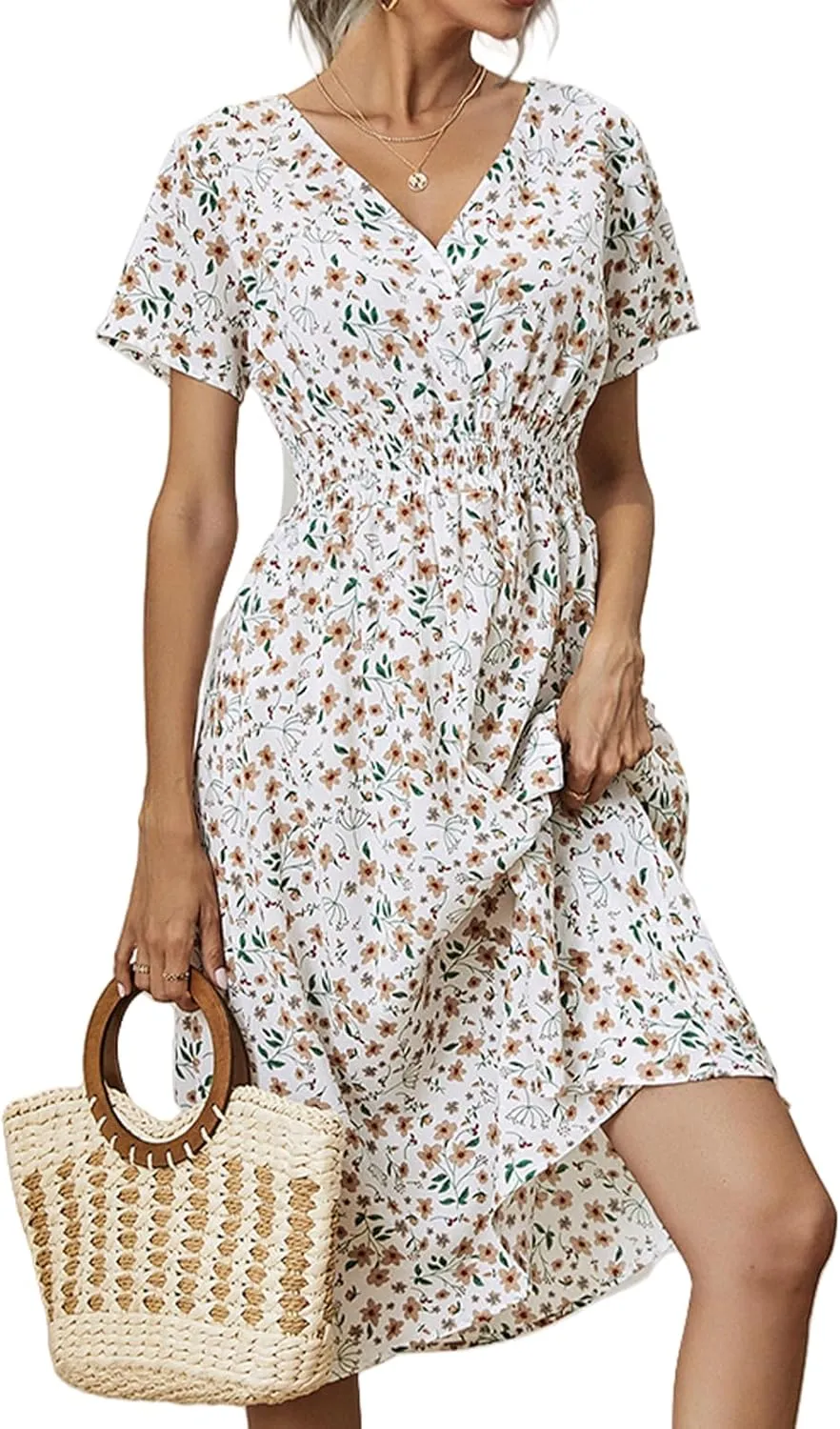 Floral Wrap Dress for Women 2025 V Neck Sundress with Sleeves - Empire Waist Knee Length Dress for Summer Outdoor Gatherings, Beach Trips, Vacations, White, Small
