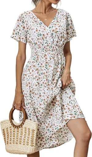 Floral Wrap Dress for Women 2025 V Neck Sundress with Sleeves - Empire Waist Knee Length Dress for Summer Outdoor Gatherings, Beach Trips, Vacations, White, Small