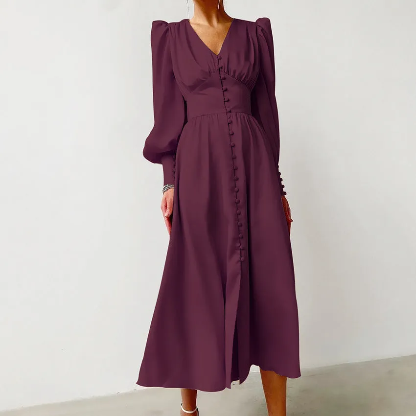 Flytonnshop winter outfits men Elegant Satin French Style Women's Autumn Dress 2024 Waist-Tight Lantern Sleeve Tea Break Skirt a-Line Dress