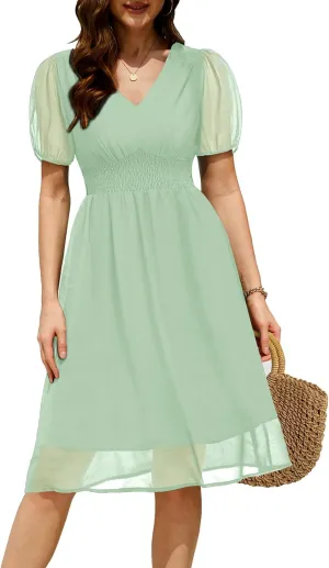 Holipick Women Summer Casual Dress Boho Floral V Neck Short Sleeves Smocked Waist Chiffon Swing Knee Length Dresses
