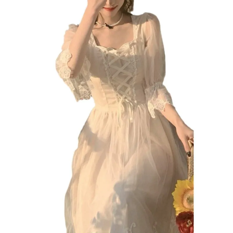 Lanfubeisi detective vs suspect dress to impress 2024 Spring and Summer New First Love Series Gentle Dress Tea Break French Temperament White Dress Fairy Super Fairy Mori