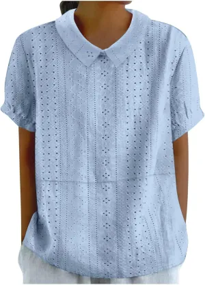 LCMTWX Casual V Neck Button Down Shirts for Women Linen Loose Large Size Thin Lapel Shirt Short Sleeved Blouse Women'S