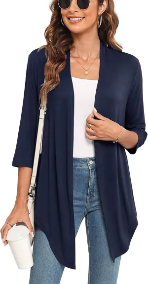 Lightweight Summer 3/4 Sleeve Cardigan for Women Trendy Casual Draped Tie Front Cardigans Fall Shrugs High Low Hem