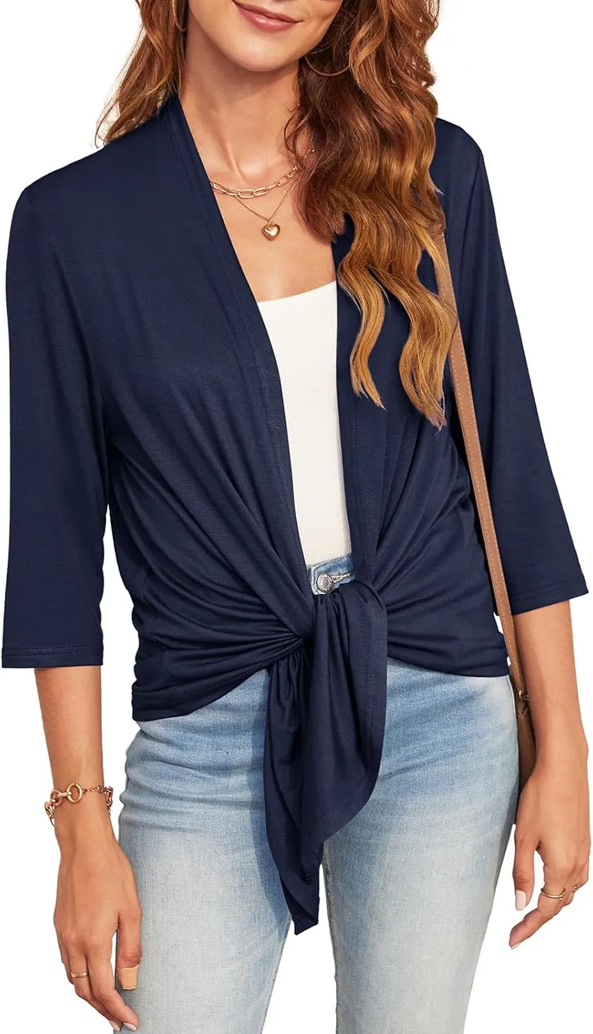 Lightweight Summer 3/4 Sleeve Cardigan for Women Trendy Casual Draped Tie Front Cardigans Fall Shrugs High Low Hem