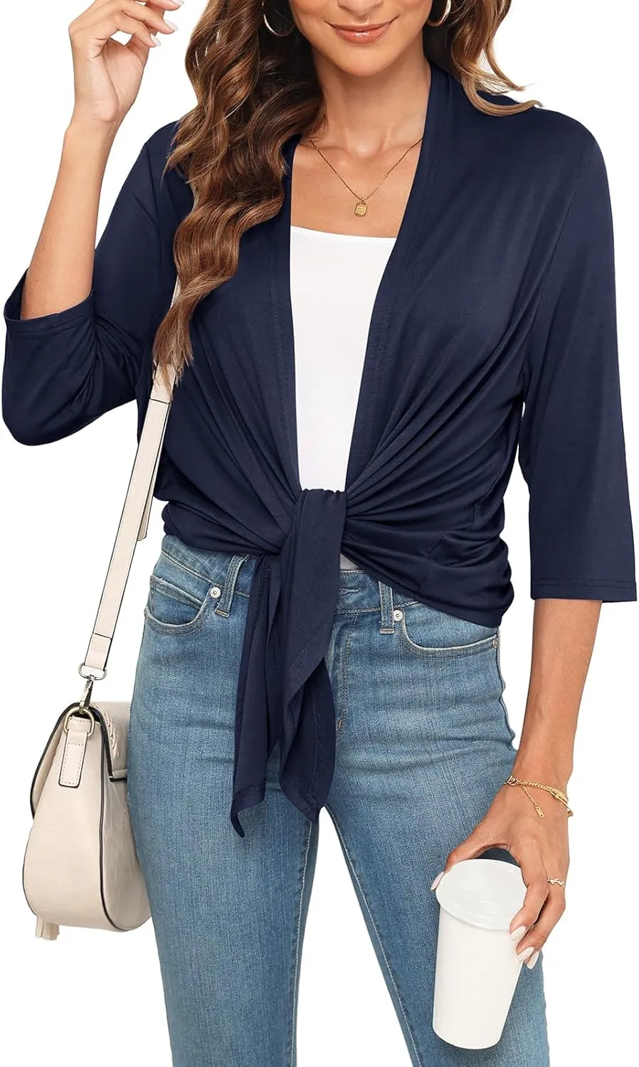 Lightweight Summer 3/4 Sleeve Cardigan for Women Trendy Casual Draped Tie Front Cardigans Fall Shrugs High Low Hem