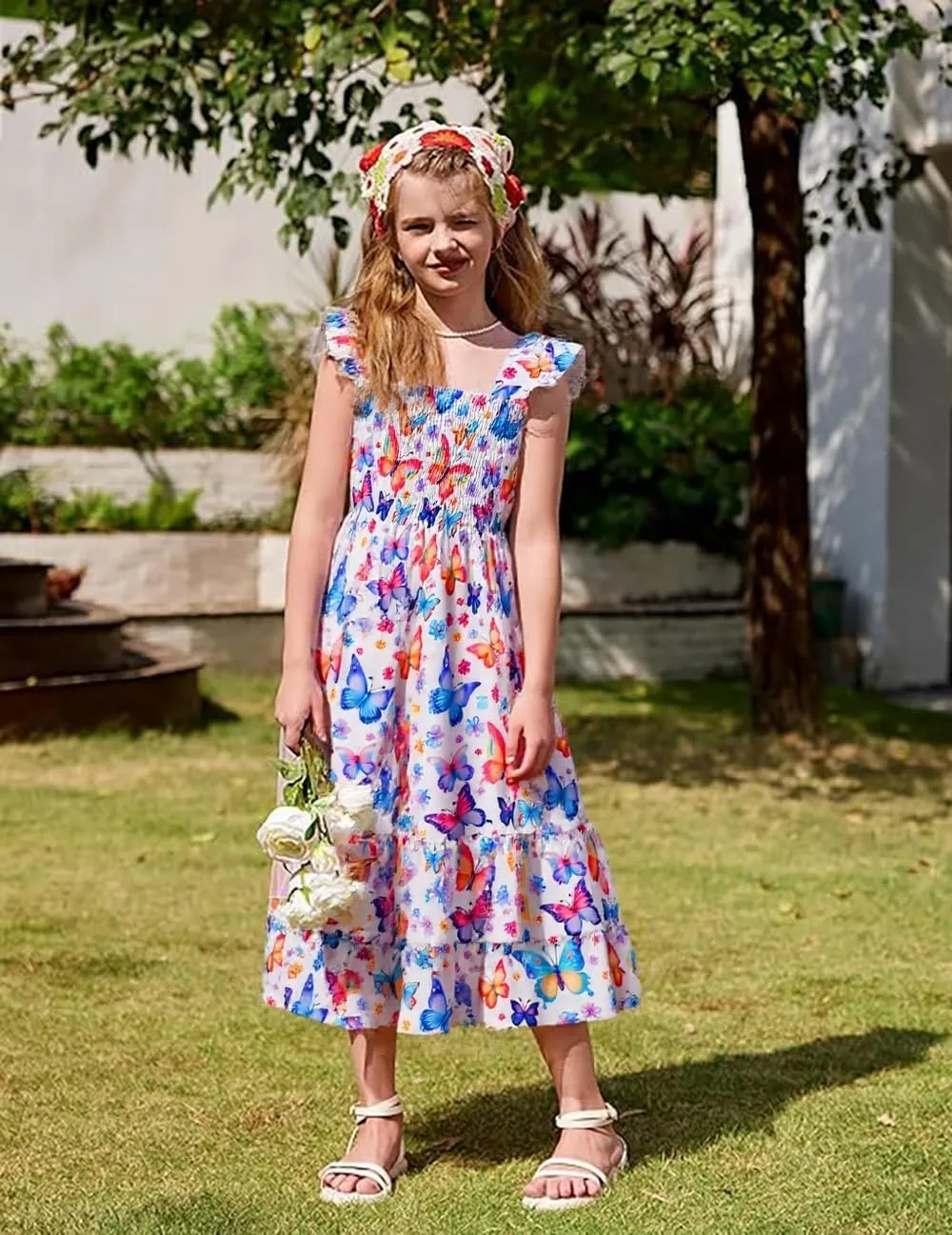Little Girls Dresses Casual Summer Dress Ruffle Sleeve Floral Tiered Sundress Smocked Shirred Party Dress 3-10 Years