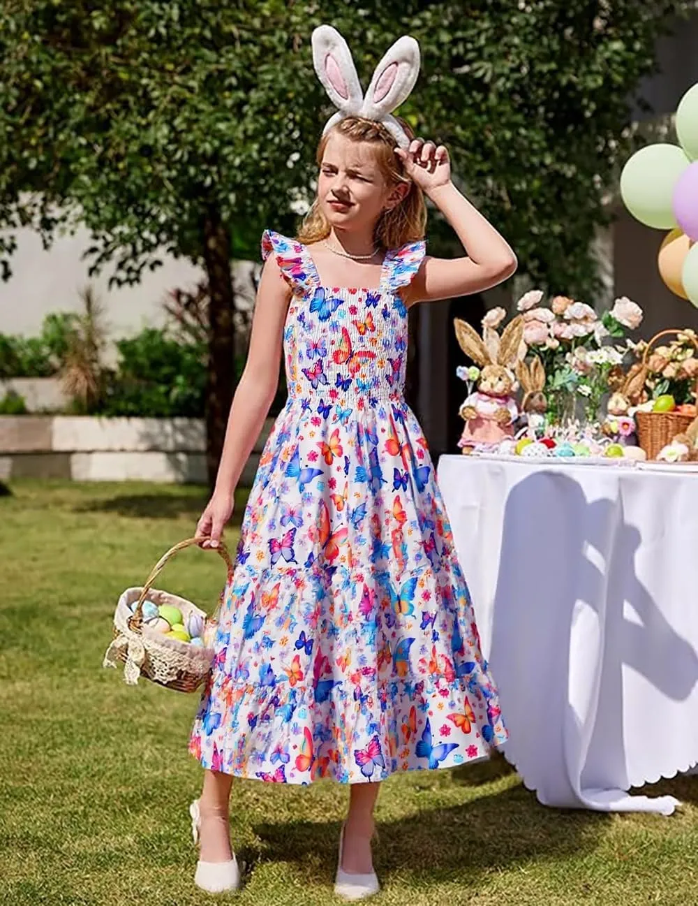 Little Girls Dresses Casual Summer Dress Ruffle Sleeve Floral Tiered Sundress Smocked Shirred Party Dress 3-10 Years