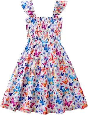 Little Girls Dresses Casual Summer Dress Ruffle Sleeve Floral Tiered Sundress Smocked Shirred Party Dress 3-10 Years
