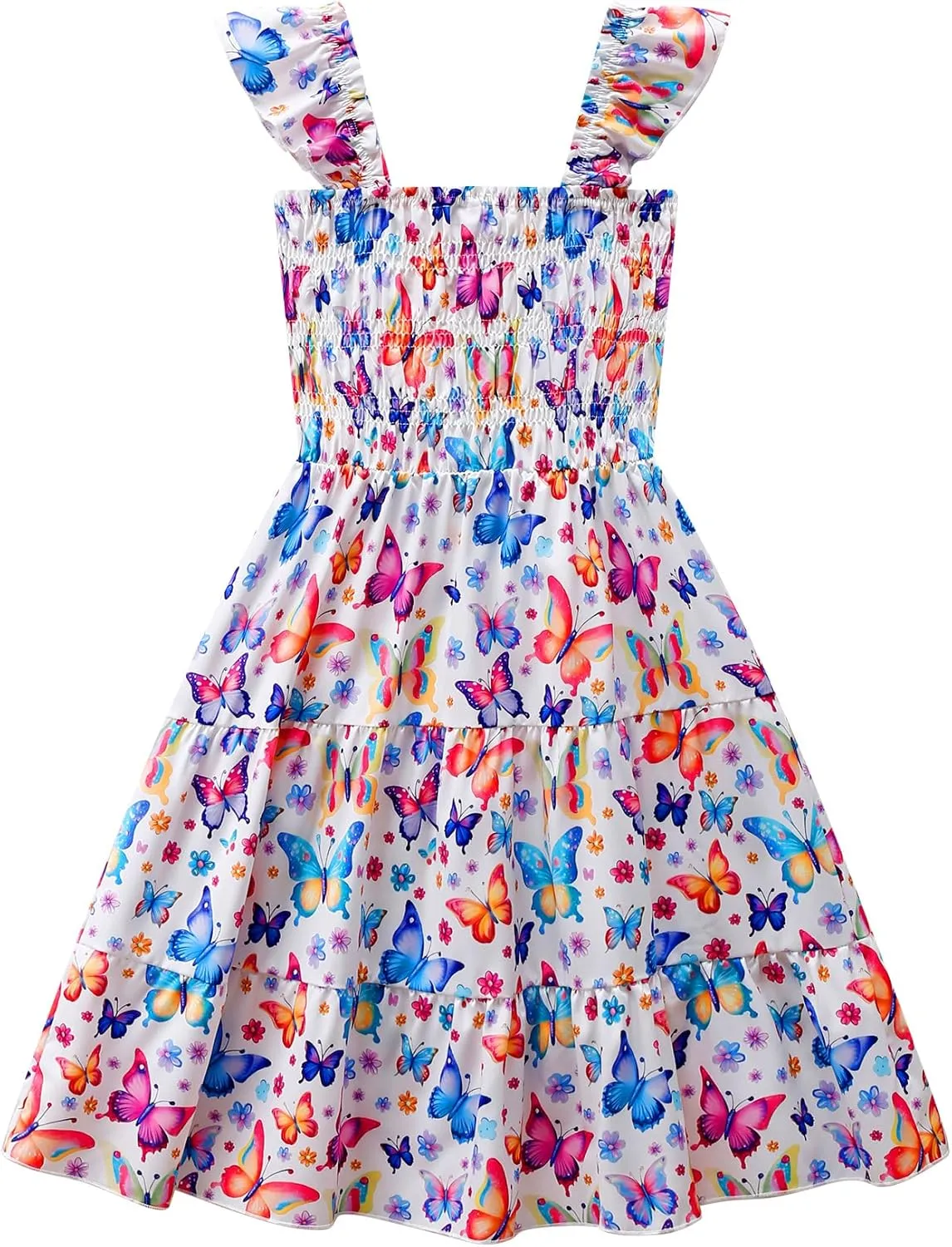 Little Girls Dresses Casual Summer Dress Ruffle Sleeve Floral Tiered Sundress Smocked Shirred Party Dress 3-10 Years
