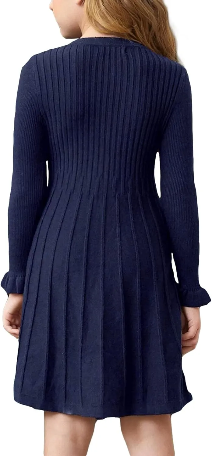 Little Girls Knit Sweater Dress Long Sleeve Ribbed Ruffle Dress Kids Pullover Dresses