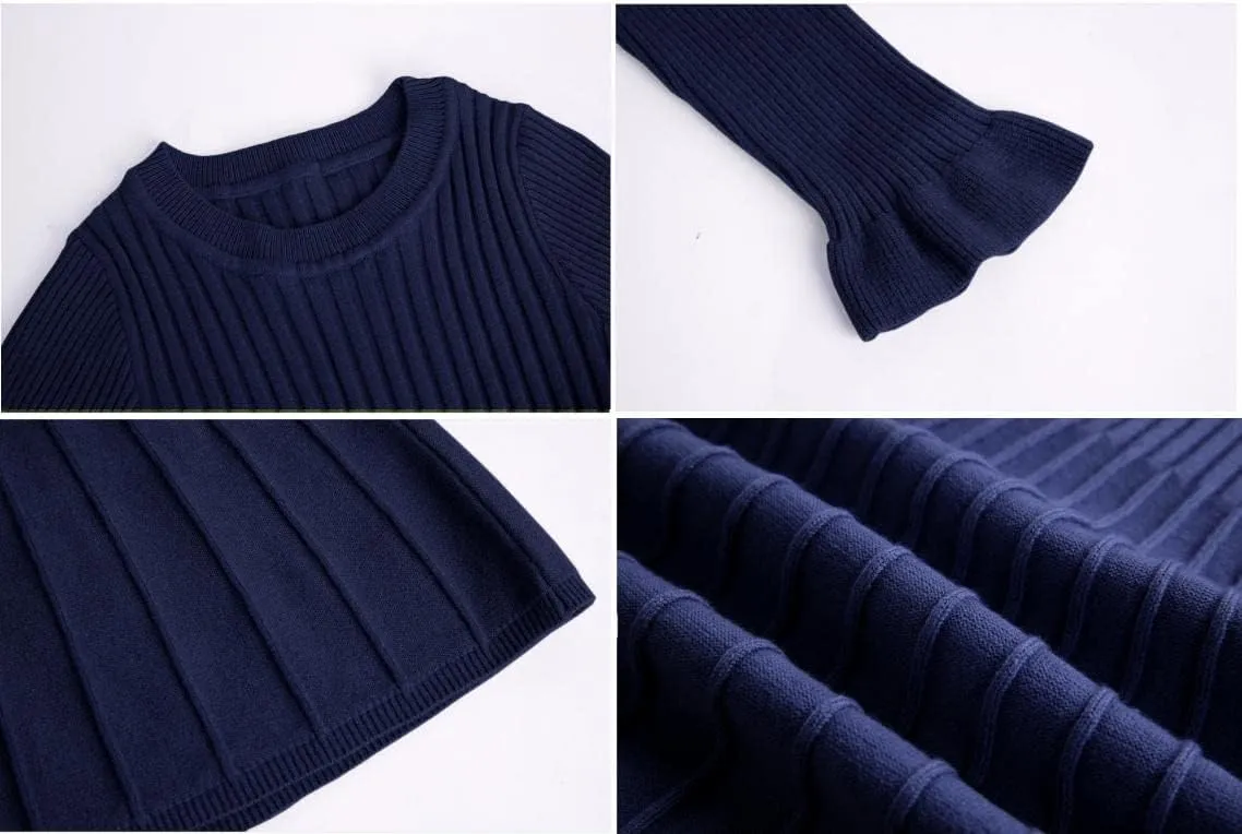 Little Girls Knit Sweater Dress Long Sleeve Ribbed Ruffle Dress Kids Pullover Dresses
