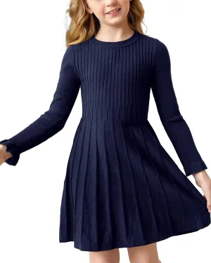 Little Girls Knit Sweater Dress Long Sleeve Ribbed Ruffle Dress Kids Pullover Dresses
