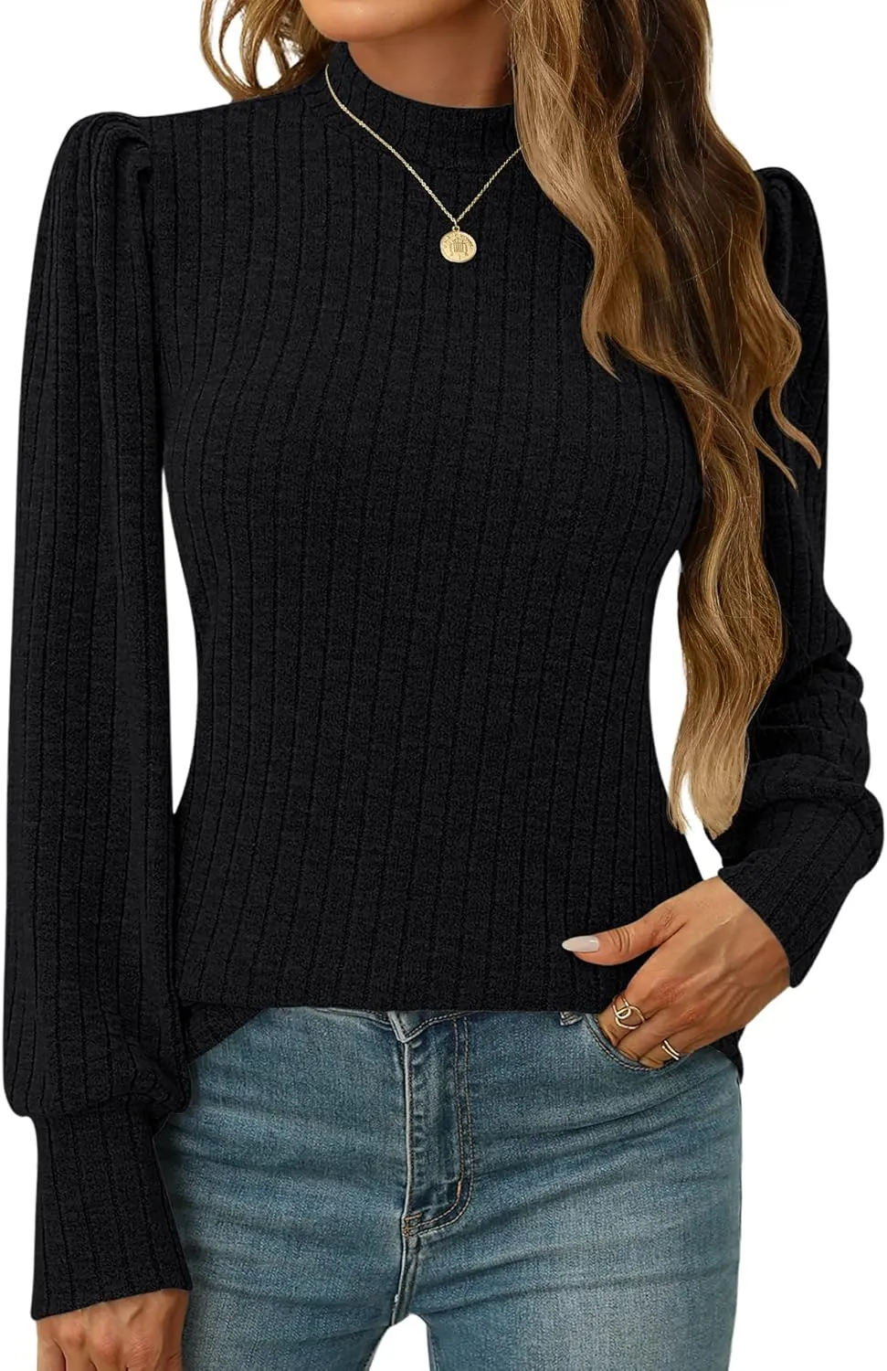 LOMON Women's Puff Long Sleeve Mock Neck Blouse Casual Lightweight Knit Shirts Dressy Work Tunic Tops