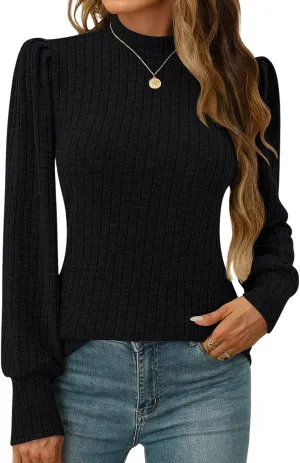 LOMON Women's Puff Long Sleeve Mock Neck Blouse Casual Lightweight Knit Shirts Dressy Work Tunic Tops