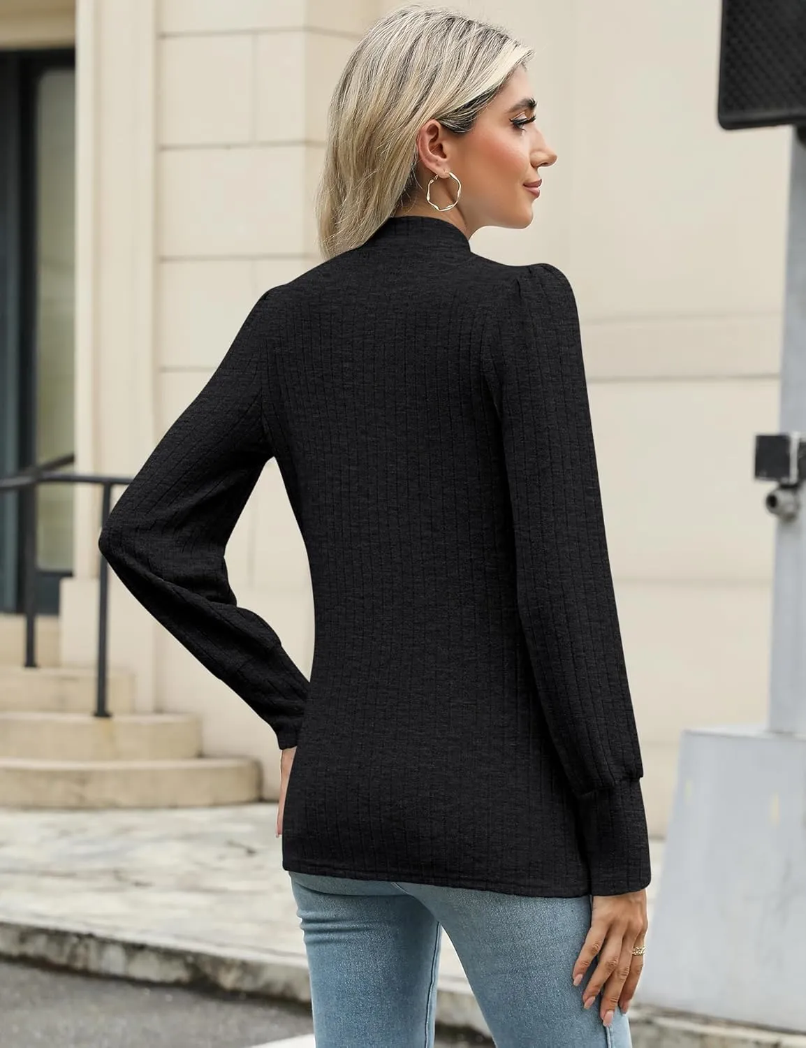 LOMON Women's Puff Long Sleeve Mock Neck Blouse Casual Lightweight Knit Shirts Dressy Work Tunic Tops