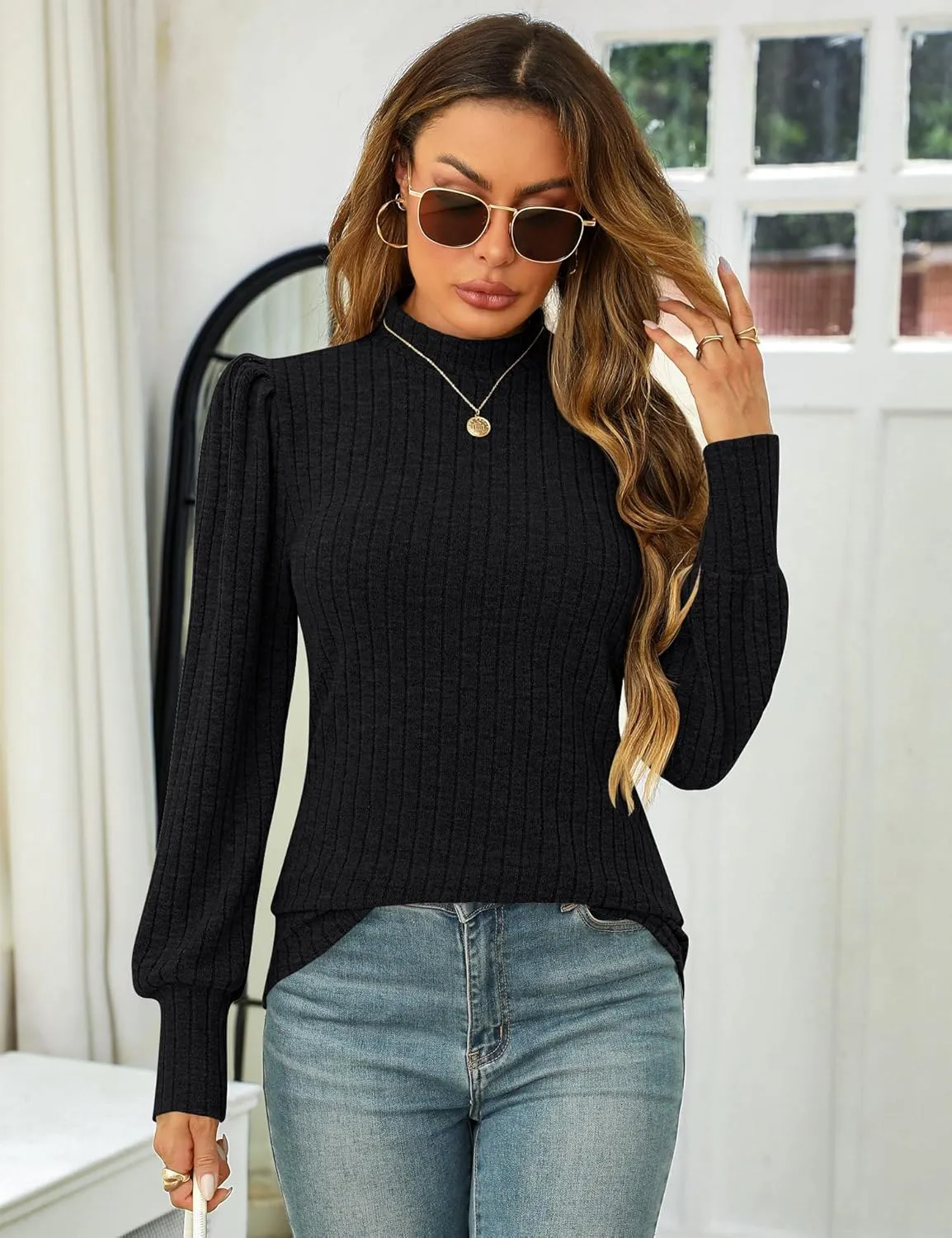 LOMON Women's Puff Long Sleeve Mock Neck Blouse Casual Lightweight Knit Shirts Dressy Work Tunic Tops